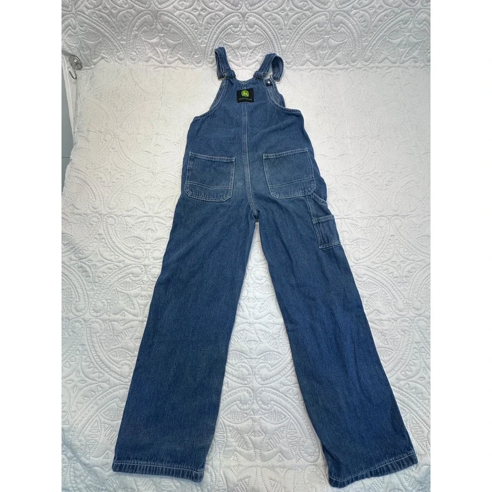 John Deere Girls Blue Denim Bib Overalls Medium Wash Cotton Size 10 RN105325